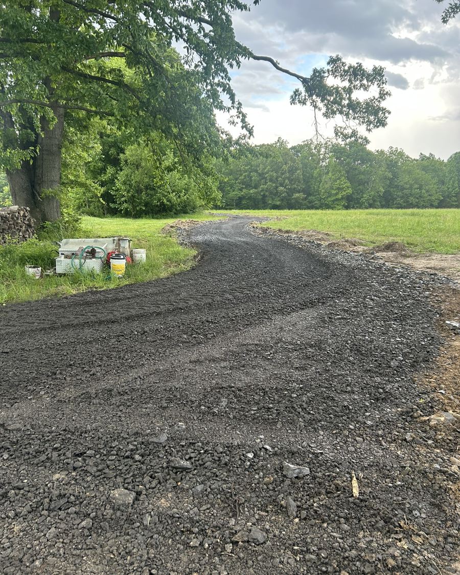 New gravel drive curving through the trees to the site